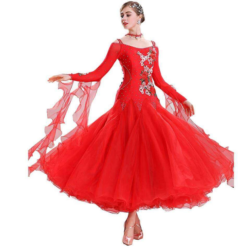 Swing Maxi Ballroom Dress with Embroidery-Red