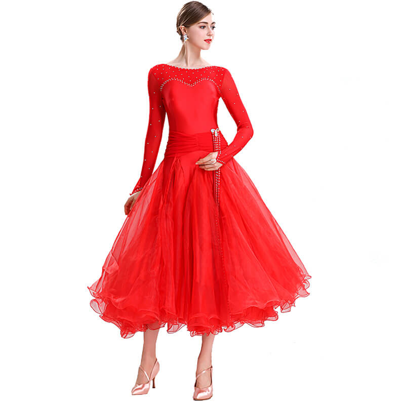 Swing Maxi Ballroom Dress with Rhinestones-Red
