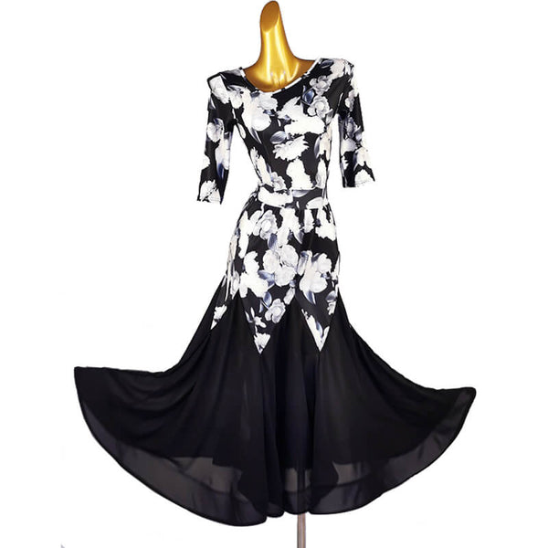 V Neck Flower Print Ballroom Dress