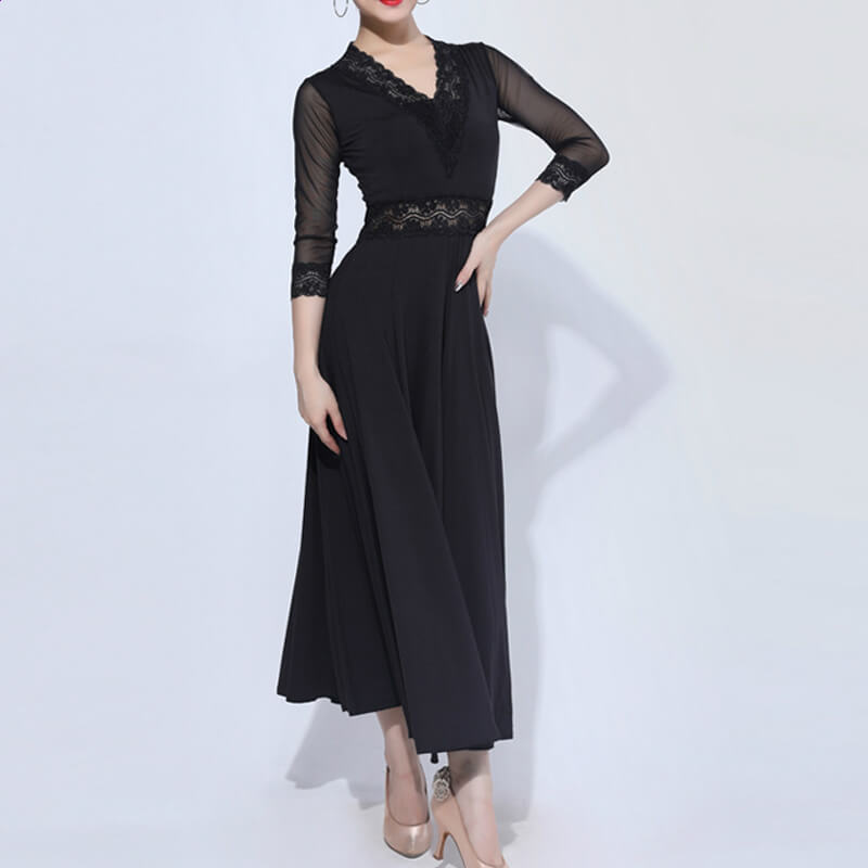 V Neck 3/4 Length Sleeve Ballroom Dress with Lace