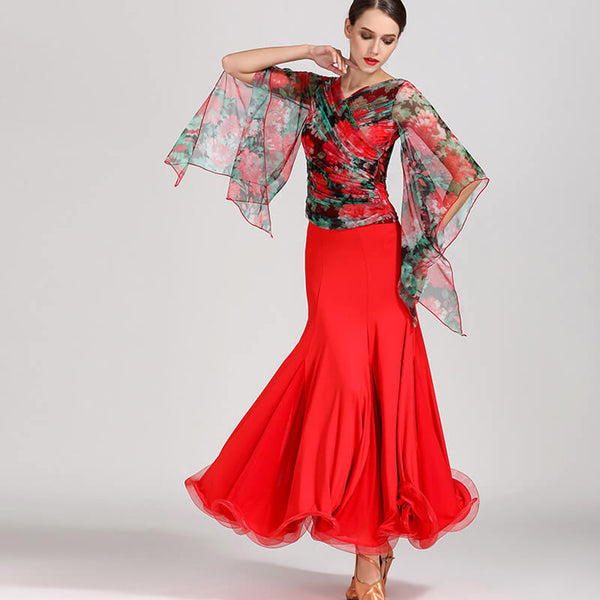 V Neck Butterfly Sleeve Ballroom Dress (Top+Skirt)