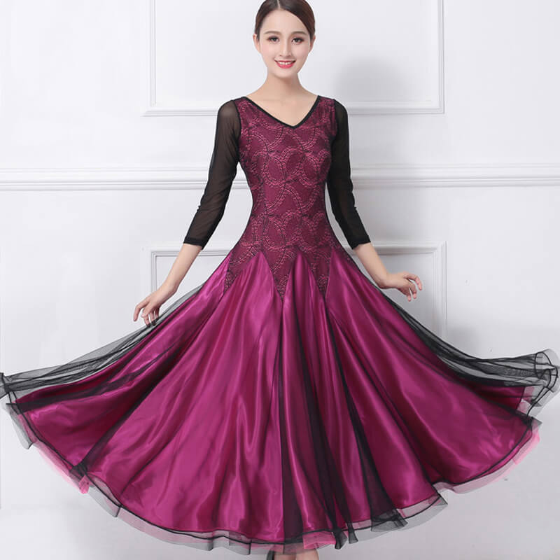 Womens A-Line Long V Neck 3/4 Length Sleeve Ballroom Dress with