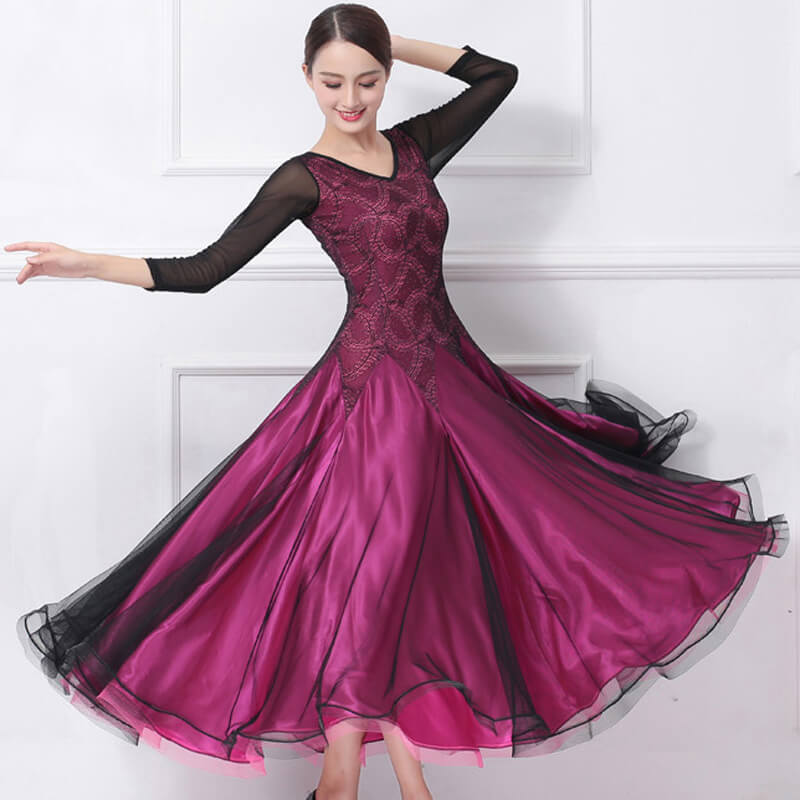 modern ballroom dresses Womens A-Line Long V Neck 3/4 Length Sleeve Ballroom Dress with Lace –  DANCEYM