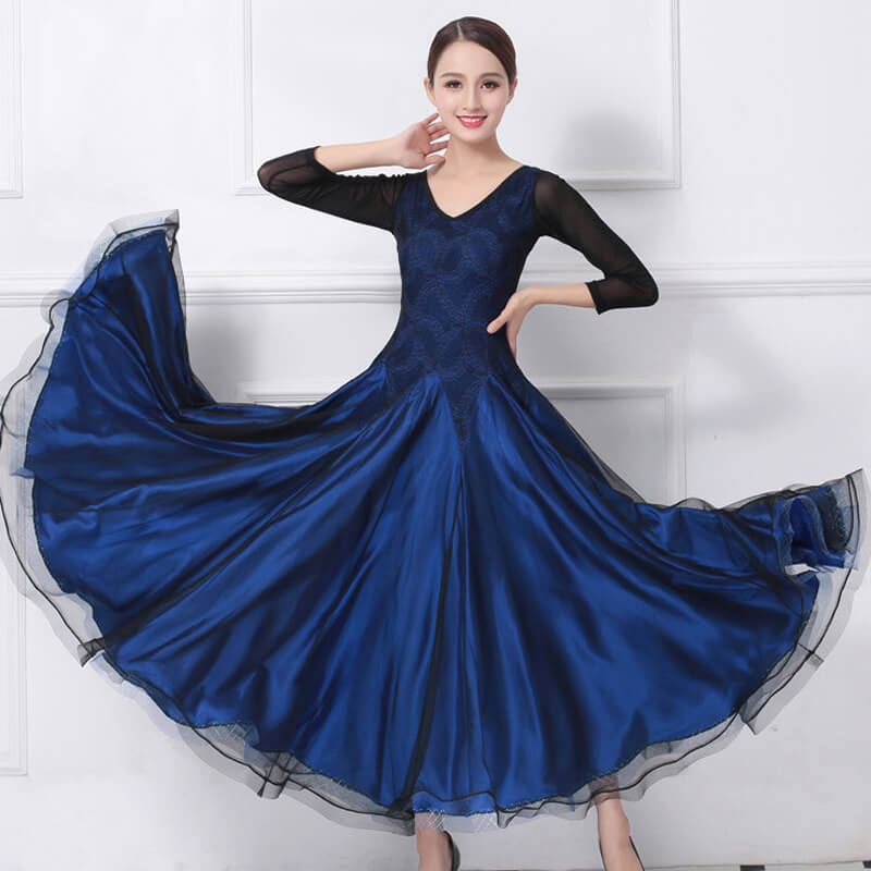 modern ballroom dance dresses Womens A-Line Long V Neck 3/4 Length Sleeve Ballroom Dress with Lace –  DANCEYM