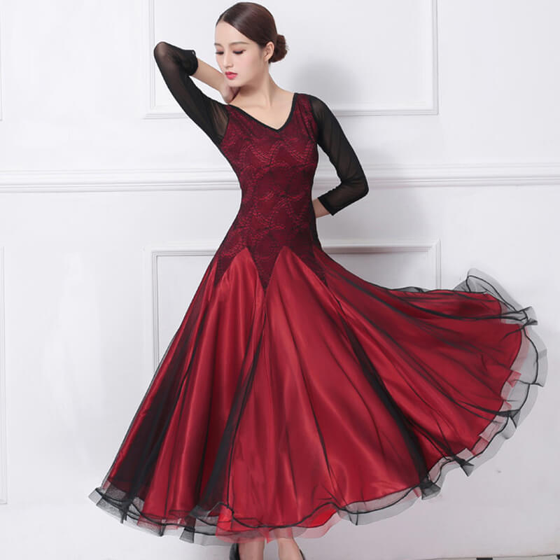 modern ballroom dance dresses Womens A-Line Long V Neck 3/4 Length Sleeve Ballroom Dress with Lace –  DANCEYM
