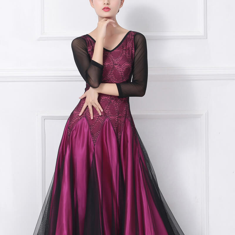 modern ballroom dresses Womens A-Line Long V Neck 3/4 Length Sleeve Ballroom Dress with Lace –  DANCEYM