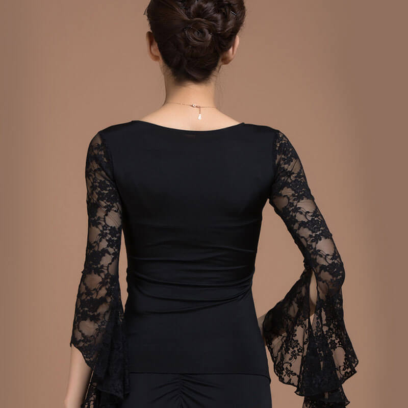 V Neck Puff Sleeve Latin/Ballroom Top with Lace