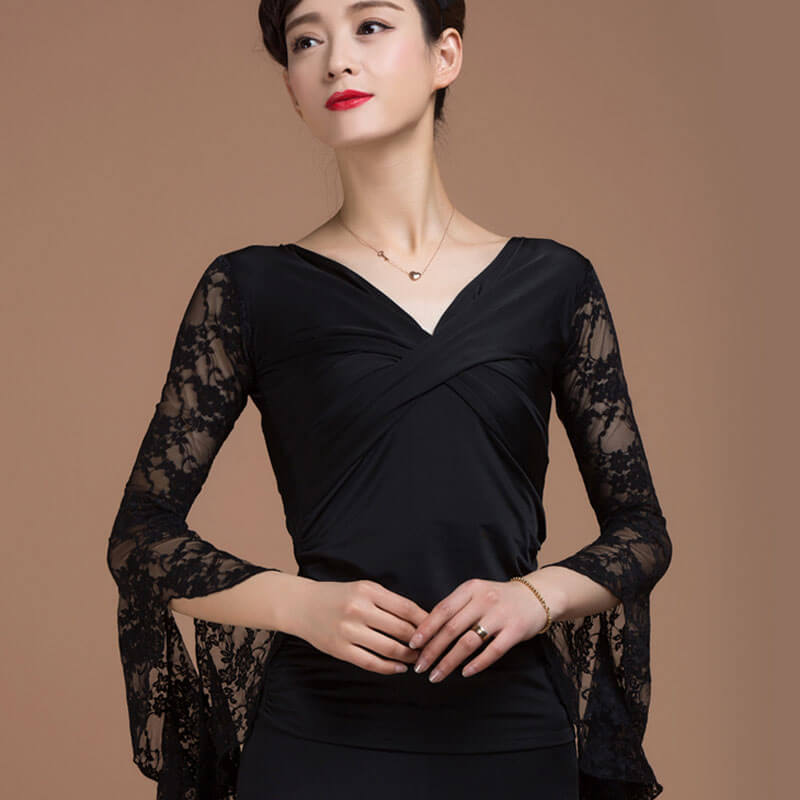 V Neck Puff Sleeve Latin/Ballroom Top with Lace
