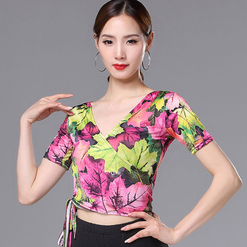 V Neck Short Sleeve Latin Top with Flowers