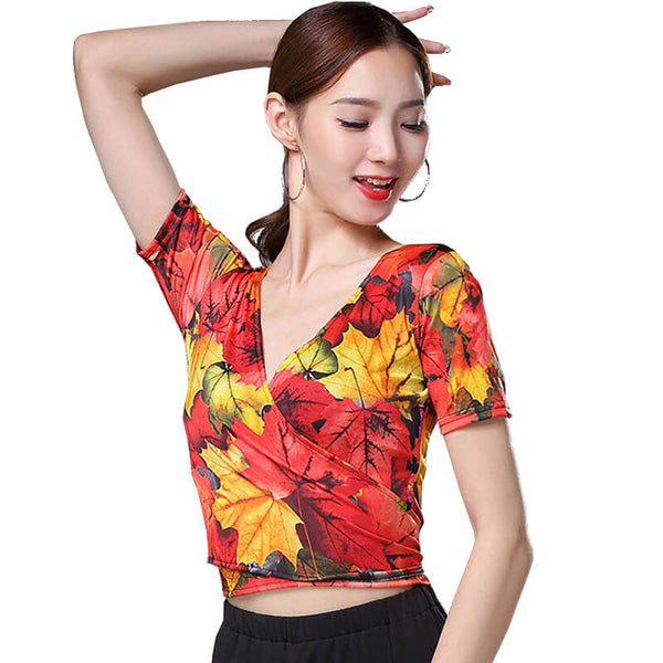 V Neck Short Sleeve Latin Top with Flowers