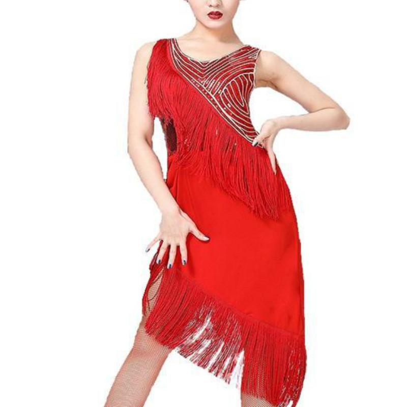 Womens Layered Knee-Length Boat Neck Sleeveless Latin Dress Tassels   DANCEYM