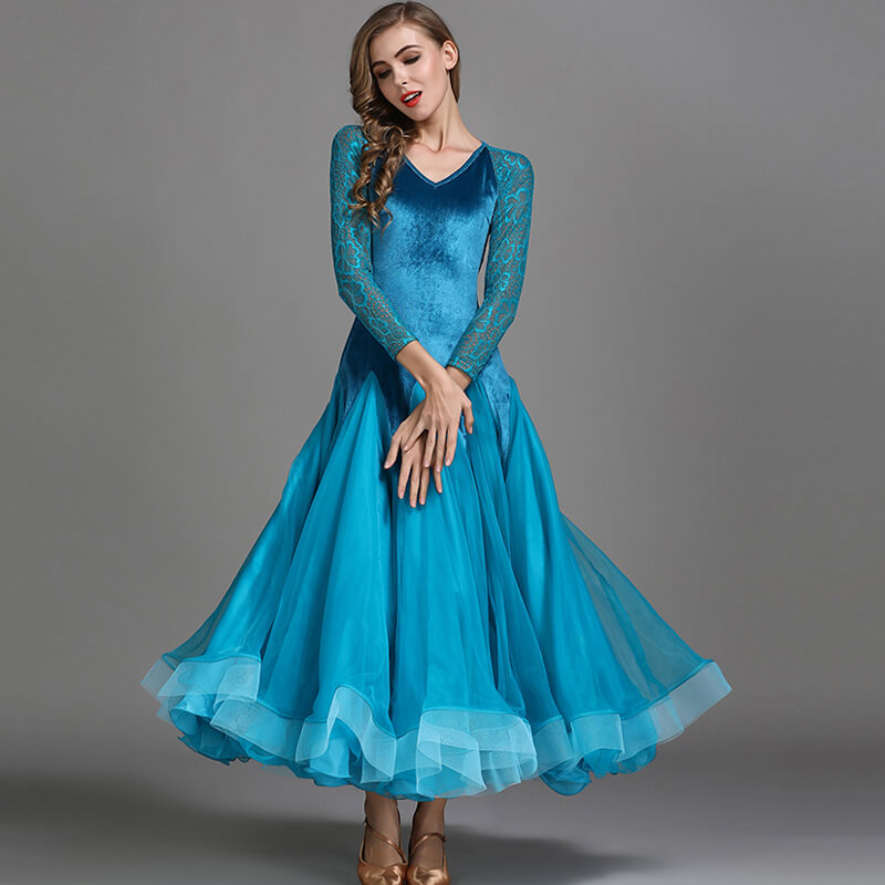 A-Line V Neck Lace Sleeve Dress Blue