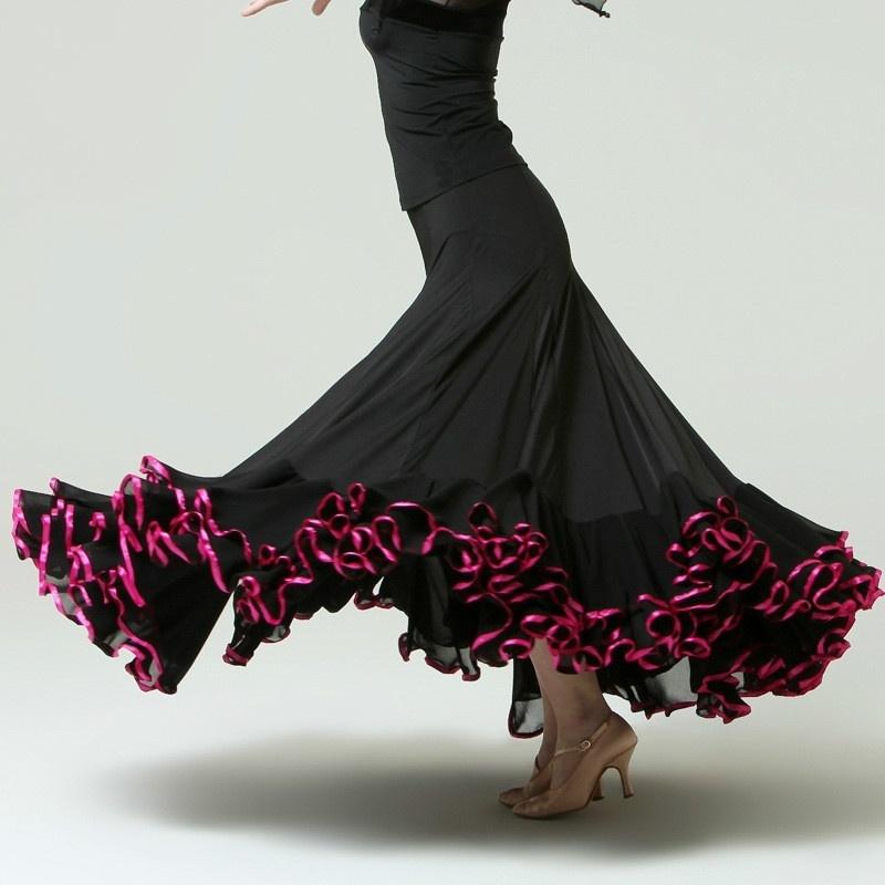 Draped Maxi Ballroom Skirt with Trimming-Black