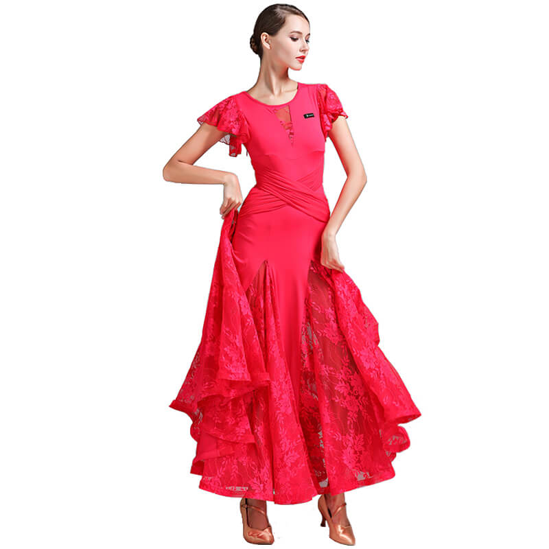 Flared Long Ballroom Dress with Lace
