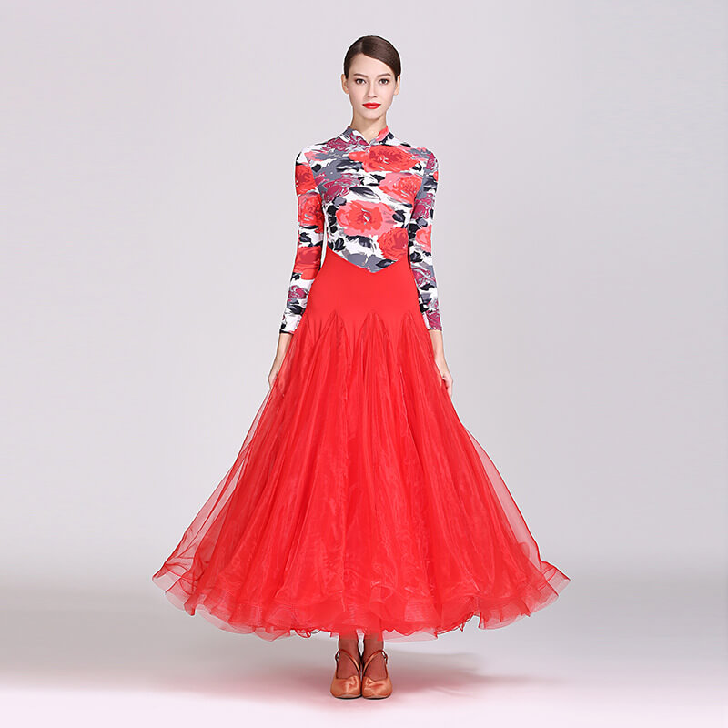 Womens A-Line Long Mandarin Collar Ballroom Dress with Mesh – DANCEYM