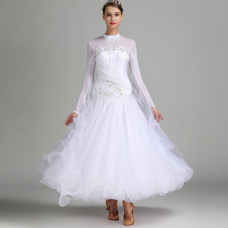 Womens Ball Gown Maxi Round Collar Long Sleeve Ballroom Dress Glitter – DANCEYM