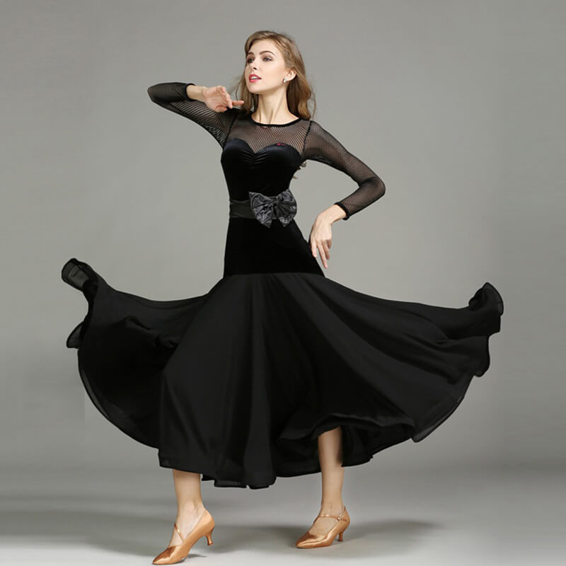 Womens A-Line Long Boat Neck Long Sleeve Ballroom Dress with Bows DANCEYM Womens A-Line Long Boat Neck Long Sleeve Ballroom Dress with Bows DANCEYM