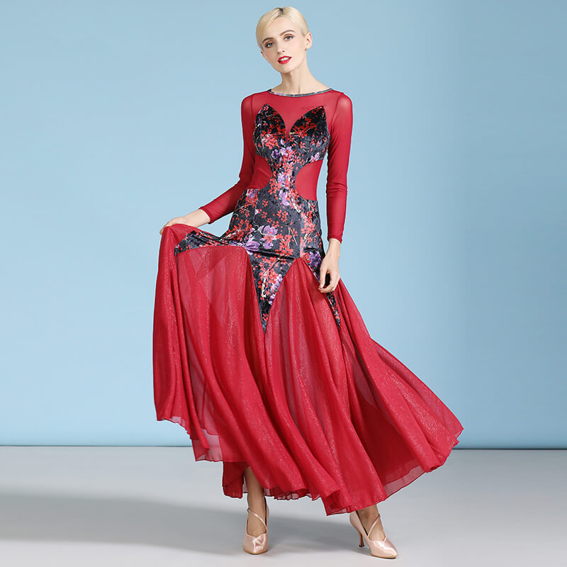 boat neck long sleeve dress Womens Flared Long Boat Neck Long Sleeve Ballroom Dress with Mesh – DANCEYM