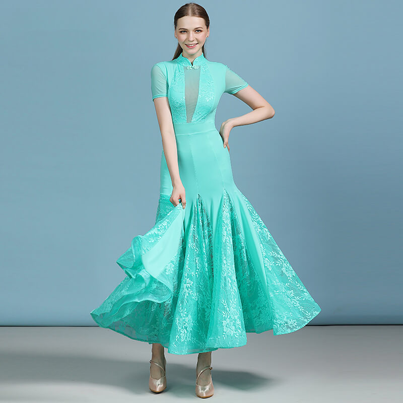 Flared Mandarin Collar Ballroom Dress with Lace