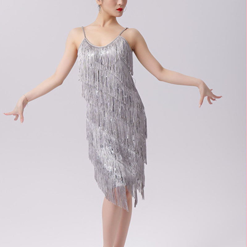 ladies tassel dress Women Latin Dance Slip Dress Tassel Dancewear Sequin Party Tango Salsa – DANCEYM