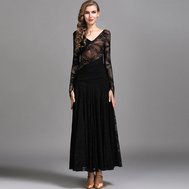 Womens Flared Maxi V Neck Extended Sleeve Ballroom Dress Lace DANCEYM Womens Flared Maxi V Neck Extended Sleeve Ballroom Dress Lace DANCEYM