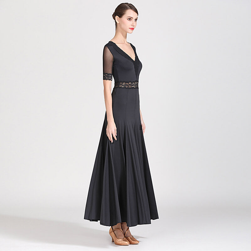 Womens Pleated Maxi V Neck Sheer Sleeve Ballroom Dress with Belt – DANCEYM