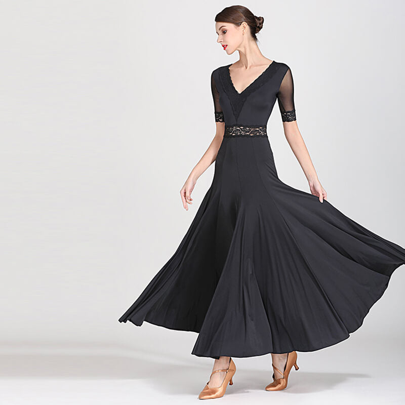 Womens Pleated Maxi V Neck Sheer Sleeve Ballroom Dress with Belt – DANCEYM