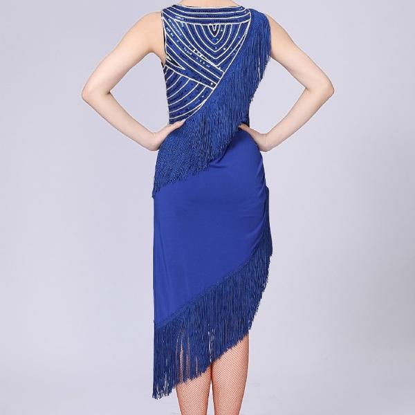 Layered Knee-Length Latin Dress with Tassels-blue