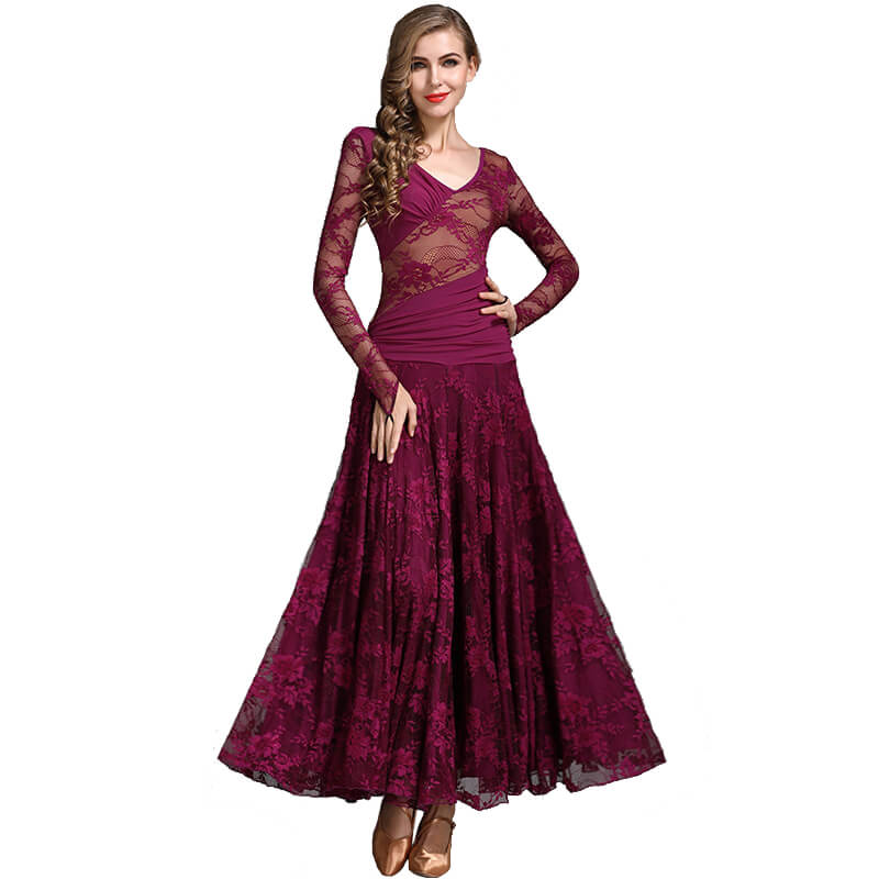 knee length dresses for ladies Womens Flared Maxi V Neck Extended Sleeve Ballroom Dress Lace – DANCEYM