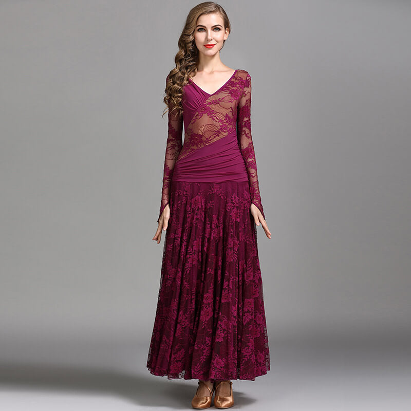 Womens Flared Maxi V Neck Extended Sleeve Ballroom Dress Lace DANCEYM Womens Flared Maxi V Neck Extended Sleeve Ballroom Dress Lace DANCEYM
