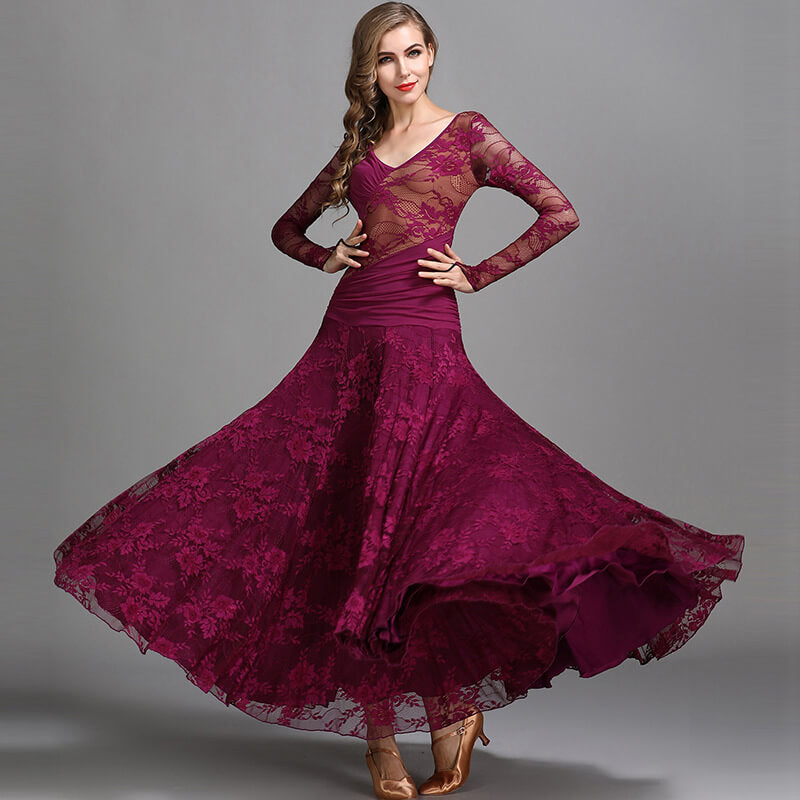 Womens Flared Maxi V Neck Extended Sleeve Ballroom Dress Lace – DANCEYM