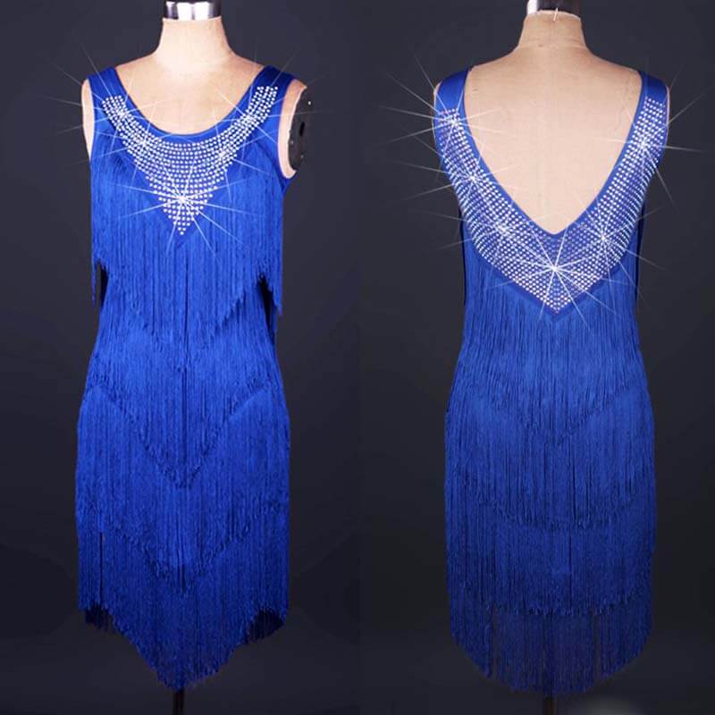Diamond Tassel Latin Dance Dress-Navy Blue