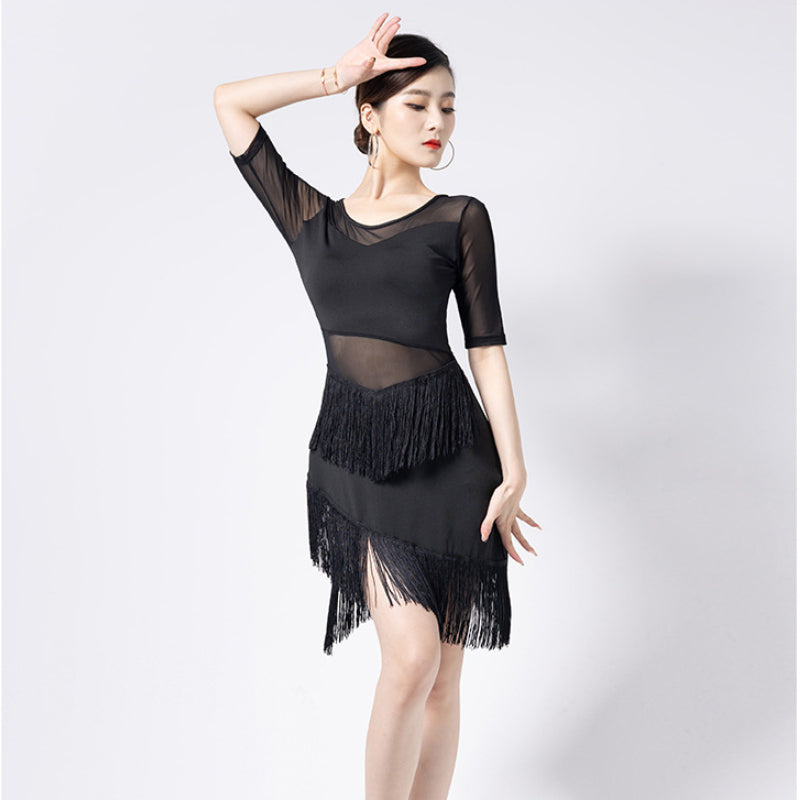 Women Patchwork Tassel Latin Dance Dress Performance with Underpants DANCEYM Women Patchwork Tassel Latin Dance Dress Performance with Underpants DANCEYM
