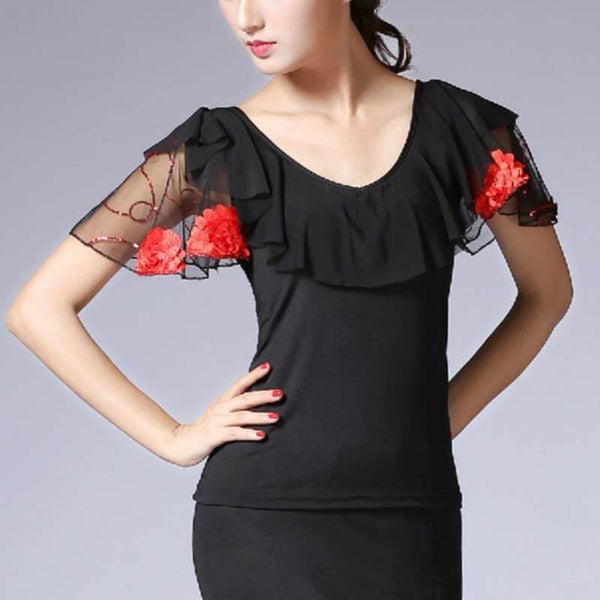 Round Neck Puff Sleeve Dance Top with Ruffles