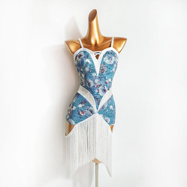 Suspenders Printed Latin Dance Dress with Tassel