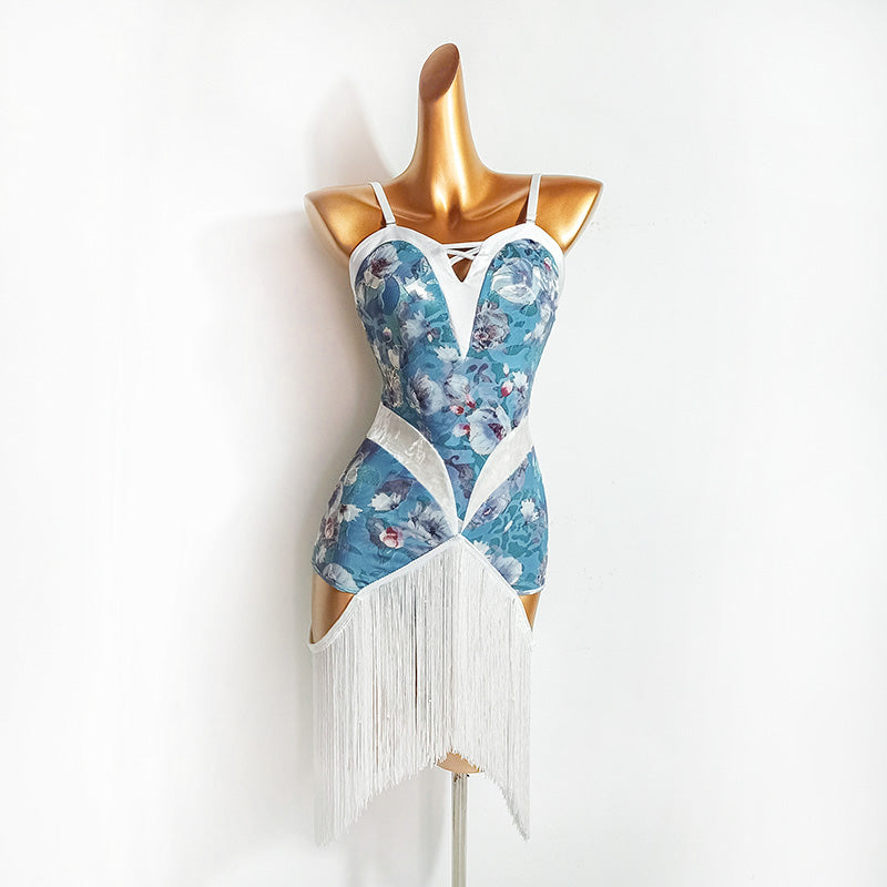 Suspenders Printed Latin Dance Dress with Tassel