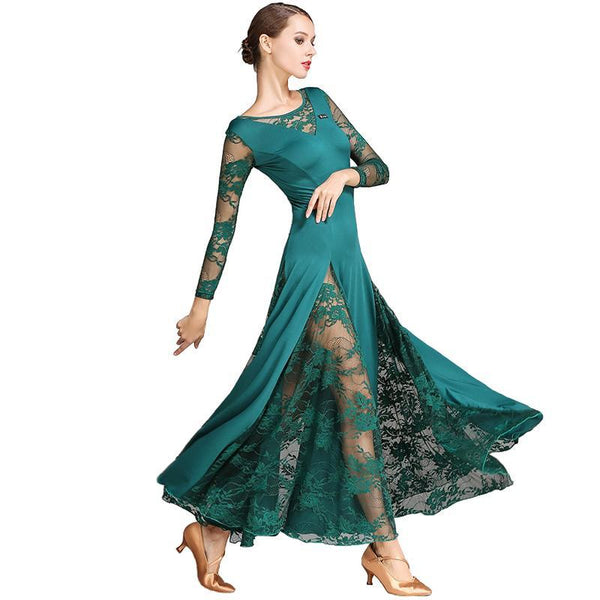 A-Line Maxi Ballroom Dress with Lace-Green