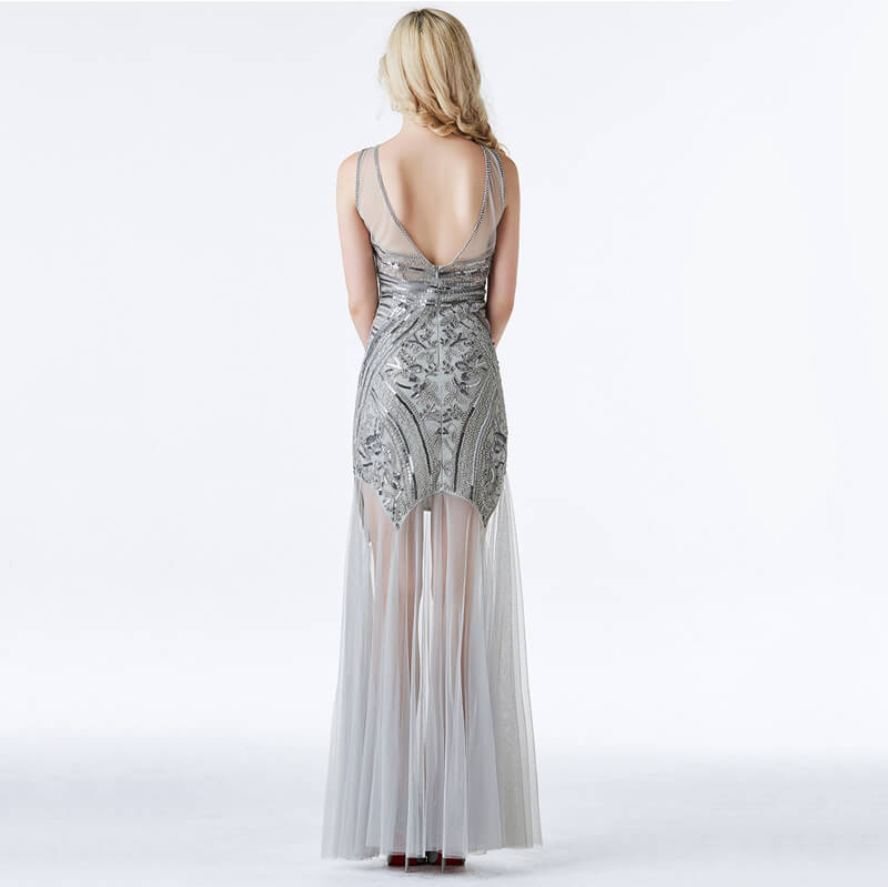 Womens Pleated Long Crew Neck Sleeveless 1920s Dress with Mesh DANCEYM Womens Pleated Long Crew Neck Sleeveless 1920s Dress with Mesh DANCEYM