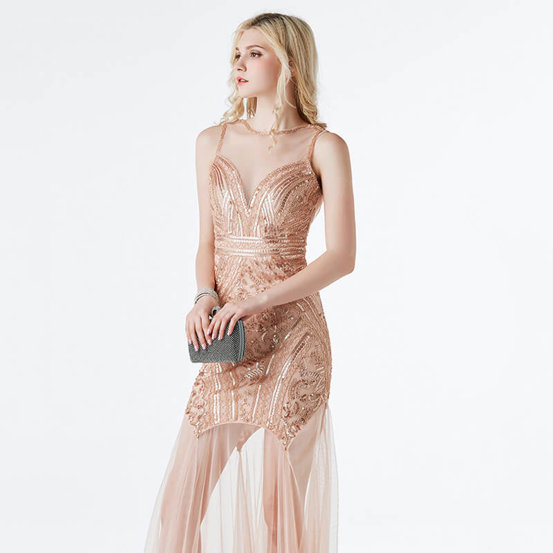 Pleated Long 1920s Dress with Mesh