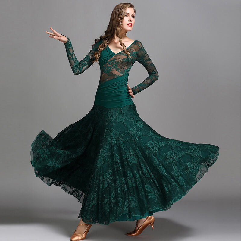 Womens Flared Maxi V Neck Extended Sleeve Ballroom Dress Lace DANCEYM Womens Flared Maxi V Neck Extended Sleeve Ballroom Dress Lace DANCEYM