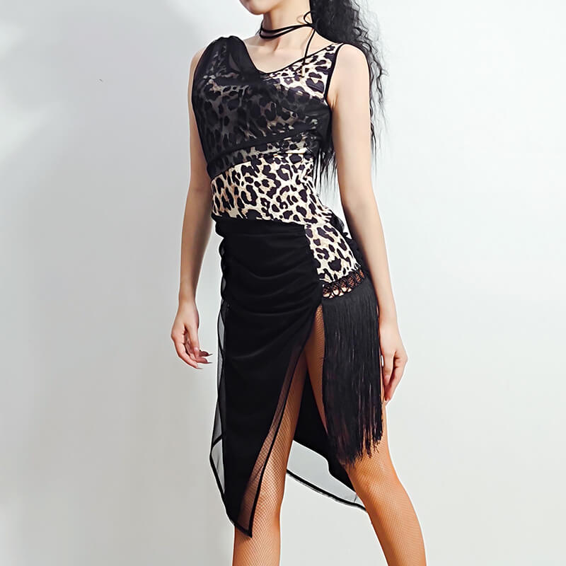 Asymmetric Leopard Latin Dress with Tassels