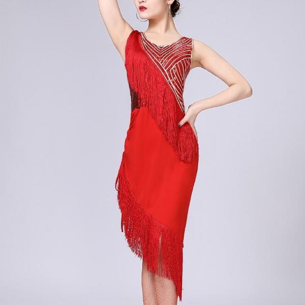 Layered Knee-Length Latin Dress with Tassels-red