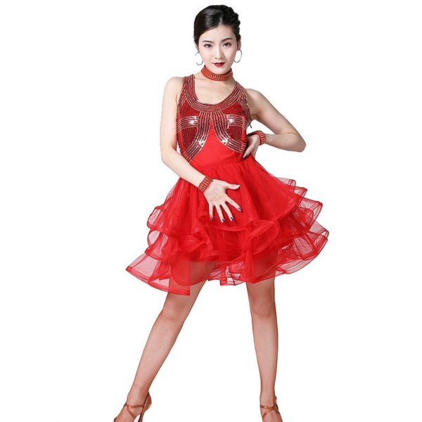 Short Latin Dress with Sequins-Red
