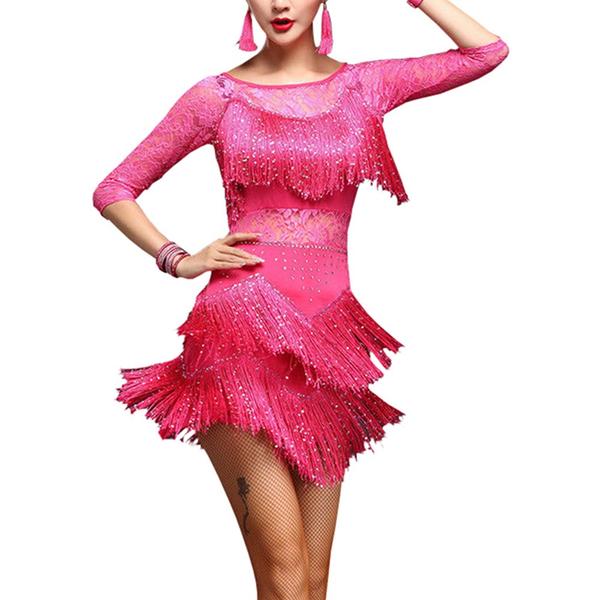 Womens Layered Short Round Neck Lace Sleeve Latin Dress Tassels DANCEYM