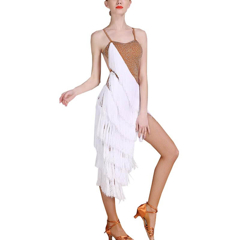 Womens Asymmetric Midi Spaghetti Strap Sleeveless Latin Dress Tassels –  DANCEYM